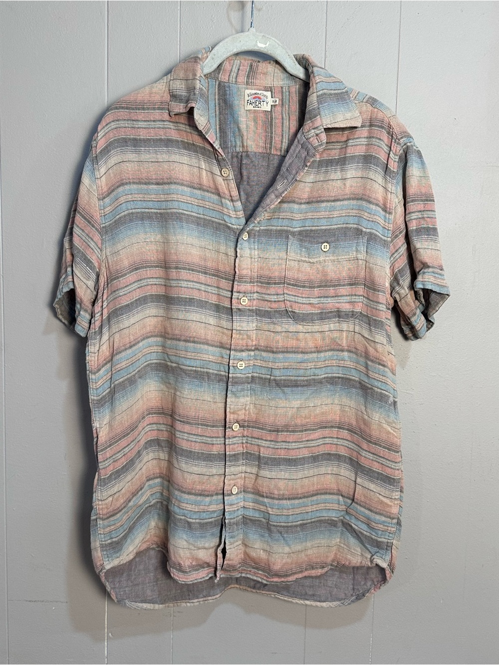 Faherty linen cotton blend Pastel Pink and Blue Striped Button-Down Shirt